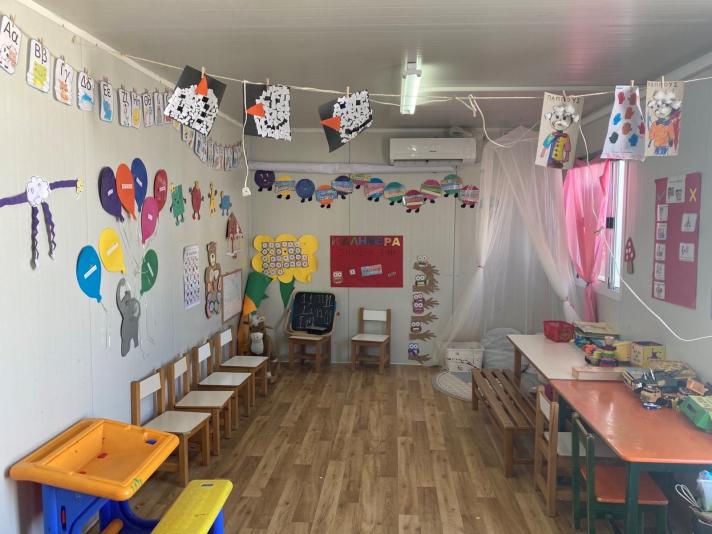 A classroom for pre-school children inside the education hub at the temporary centre on Lesvos