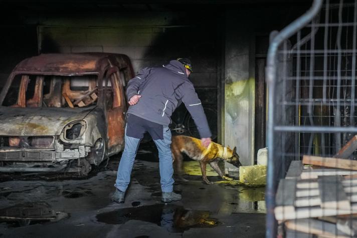 Burned out car on the left, dog trainer in the foreground  giving an indication to Belgian Shephard sniffing the scene