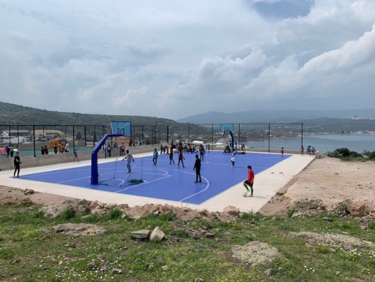 New basketball and soccer courts in the temporary facility on Lesvos
