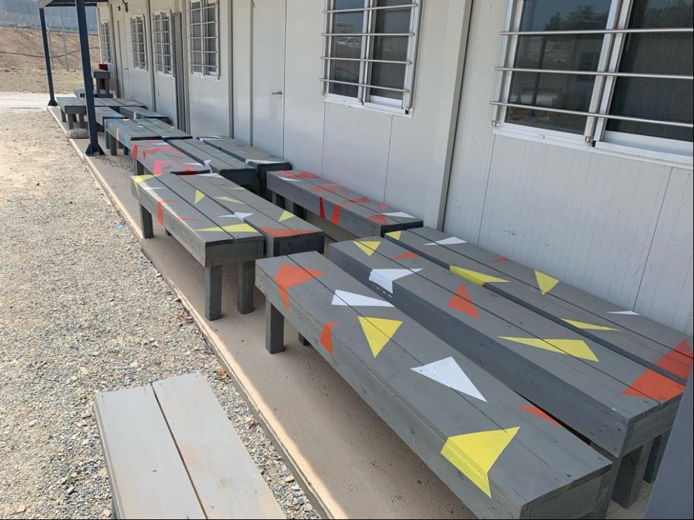 Samos – benches ready to be installed across the new centre, August 2021