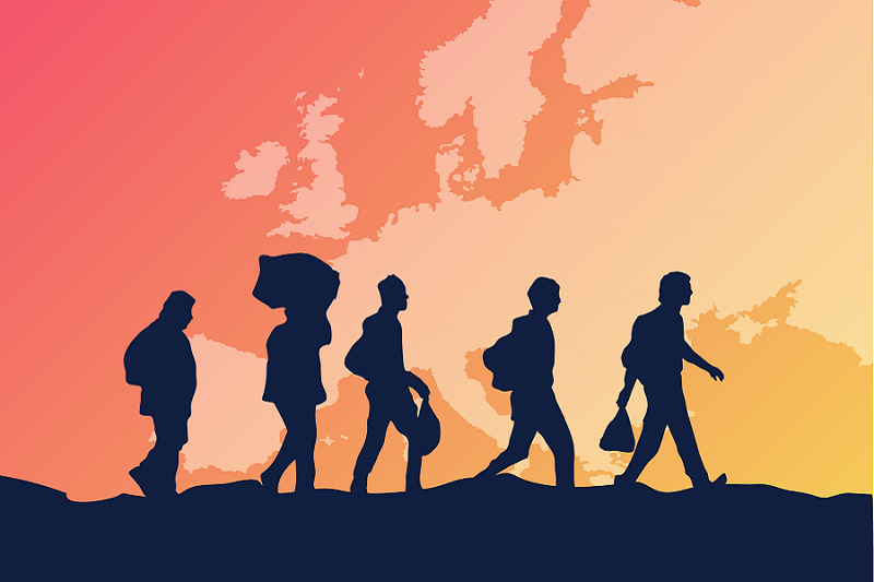 Image displaying migrants walking on a bright coloured background, on which the map of Europe is faintly distinguishable.