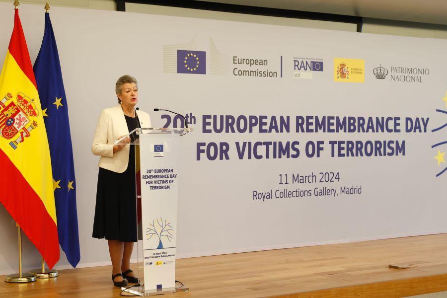 Image displays Commissioner Ylva Johansson during her speech at EU's Remembrance Day for victims of terrorism