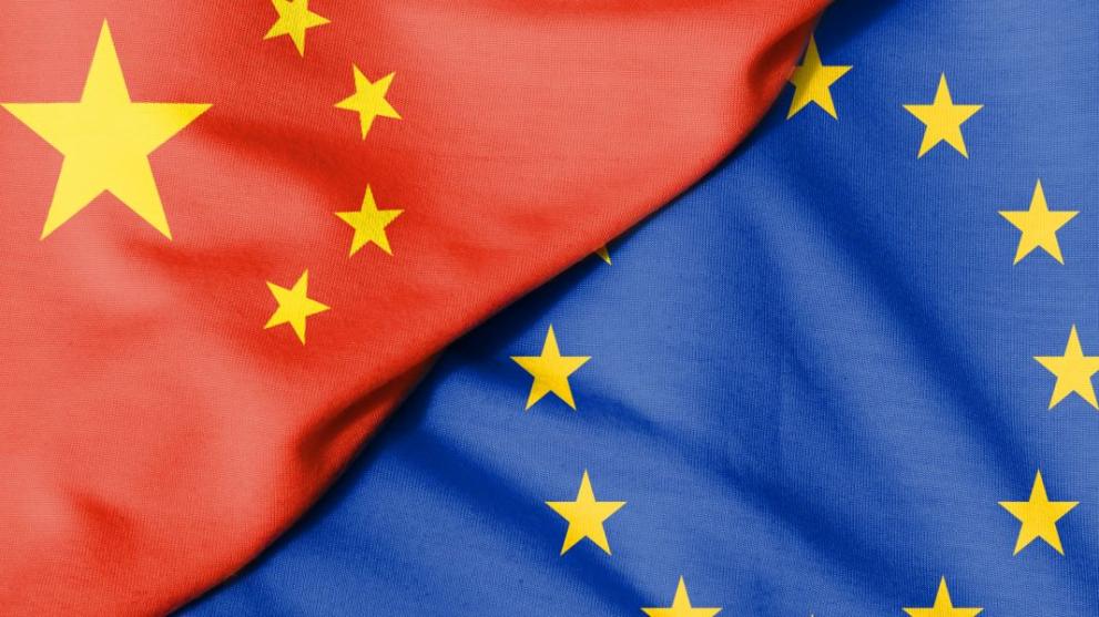 The image displays flags of the EU (on the right) and China (on the left)