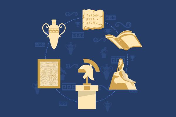 Beige icons on blue background of cultural goods: a painting, a vase, a book