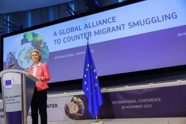 President von der Leyen delivering her welcome address at the International Conference on a Global Alliance to Counter Migrant Smuggling