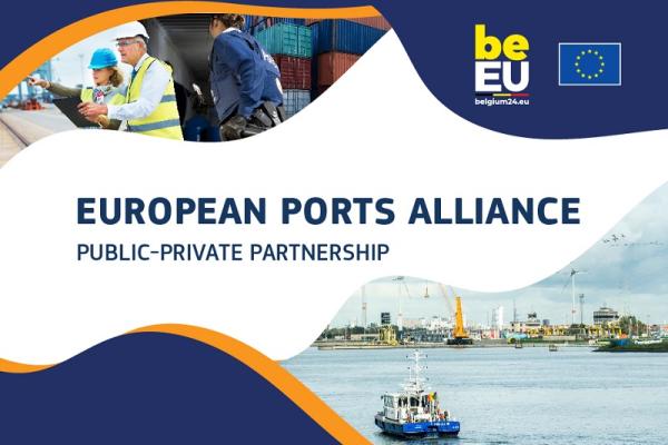 The image displays the port, stuff working at the port, and headline saying European Port Alliance Public-Private Partnership 