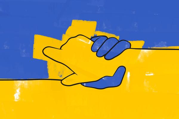 Two hands holding each other divide the image in two parts. One side is blue and the other yellow, replicating the colours of the Ukrainian flag. 