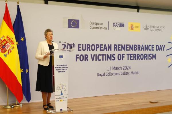 Image displays Commissioner Ylva Johansson during her speech at EU's Remembrance Day for victims of terrorism