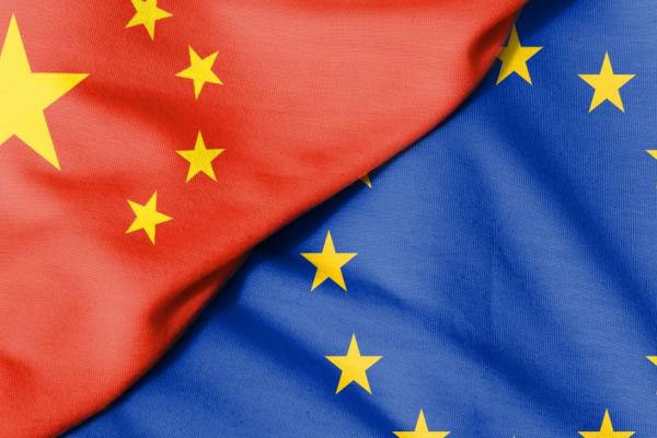 The image displays flags of the EU (on the right) and China (on the left)