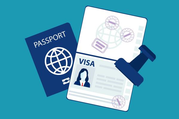 The visual shows a passport, a VISA, and a stamp, against a blue background.