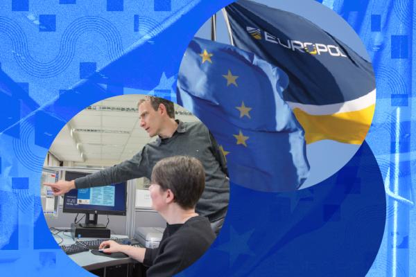 The image displays EU flag together with the flag of Europol, and two people working in the office
