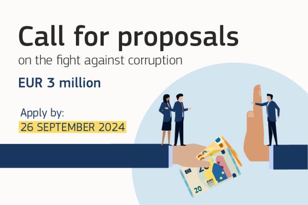 The image displays information about the call for proposals on the fight against corruption