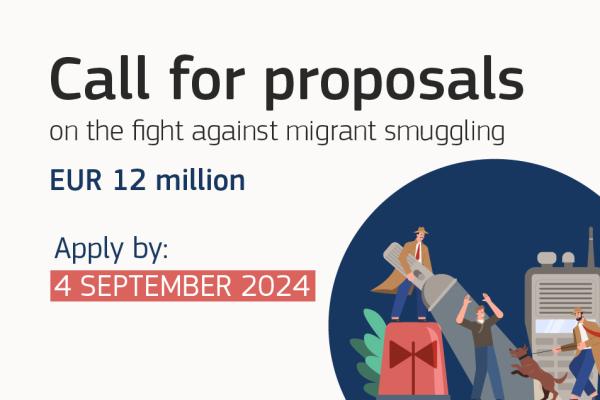 The image displays information on the call for proposals on the fight against migrant smuggling