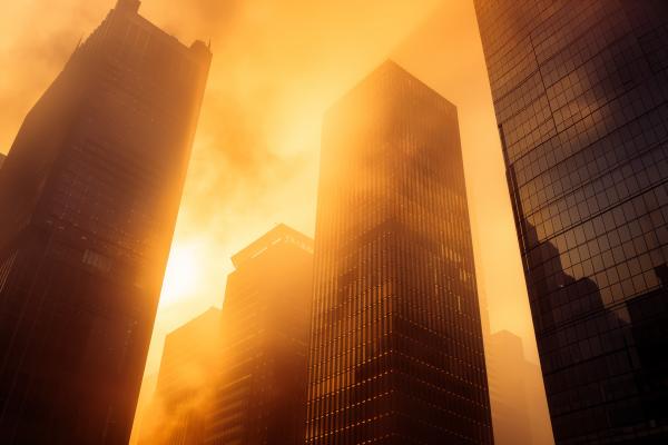 An ominous image portrays skyscrapers in a very heavy atmosphere. The burning sun appears behind them, in a cloudy and almost unbreathable environment.