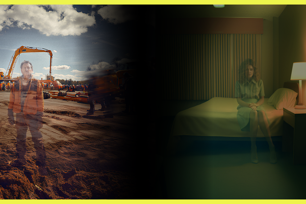 The visual displays two victims of human trafficking on each side of the frame. On the left, we see a labour trafficking victim on a construction site. On the right, we see a sex trafficking victim, sitting on a bed of a hotel room.